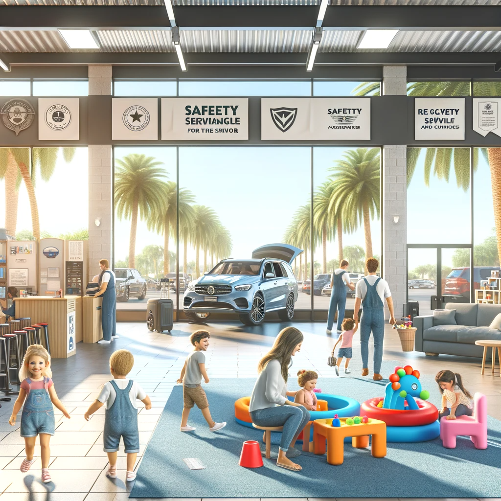 A family-friendly car service center in Palm Springs with a play area for children and comfortable seating for parents.
