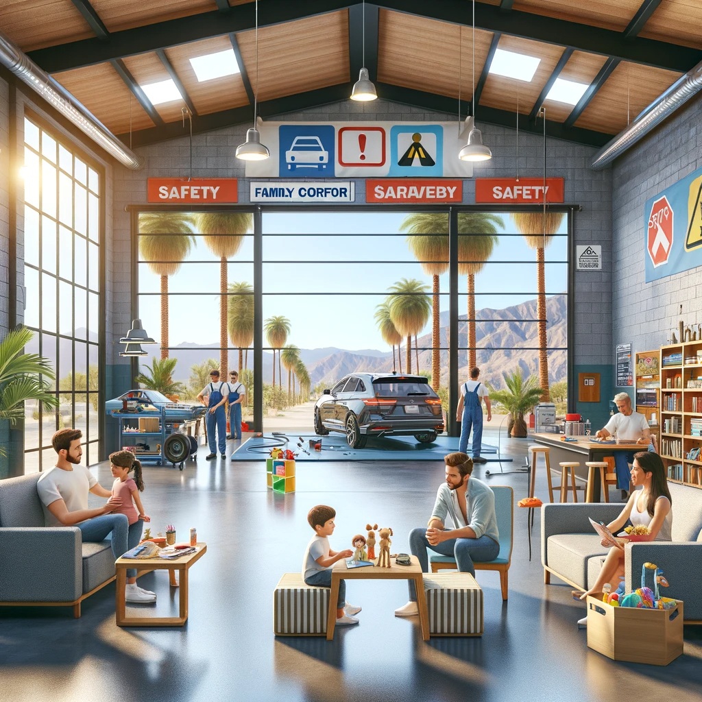 A family-oriented car service workshop in Palm Springs with a spacious waiting area and kids' corner.
