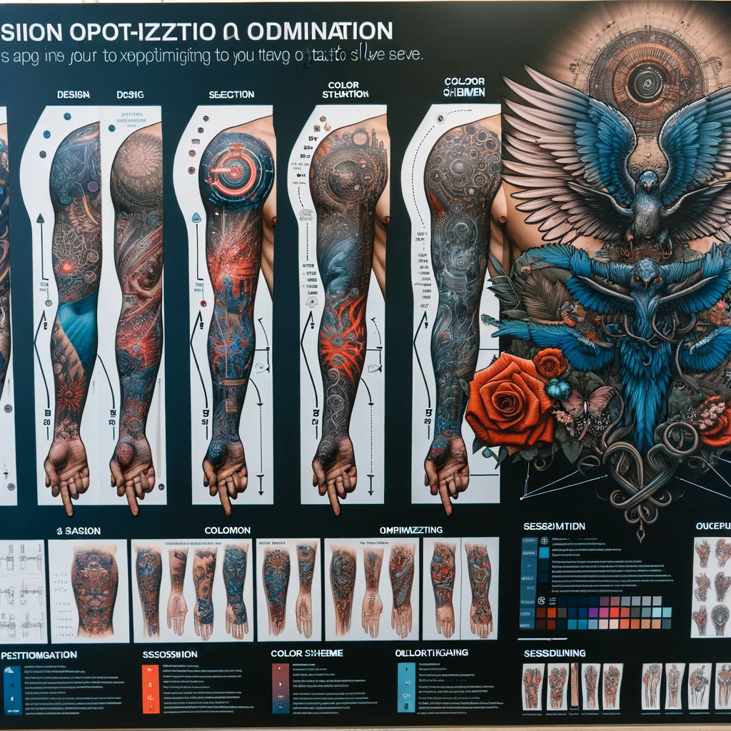 An instructional display with images showing stages of a tattoo sleeve project and optimization tips.