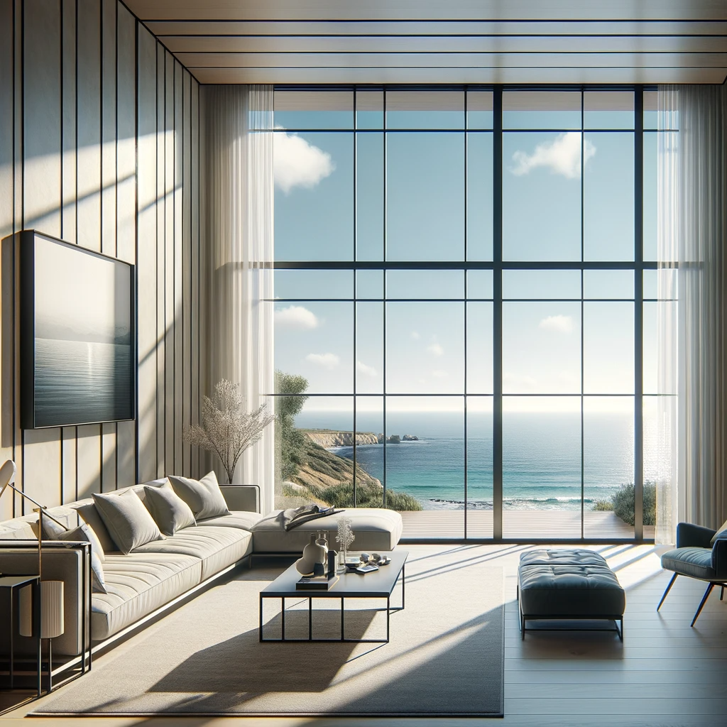 An elegant living room in a San Diego home, featuring a modern, ocean-view window with a sleek design.