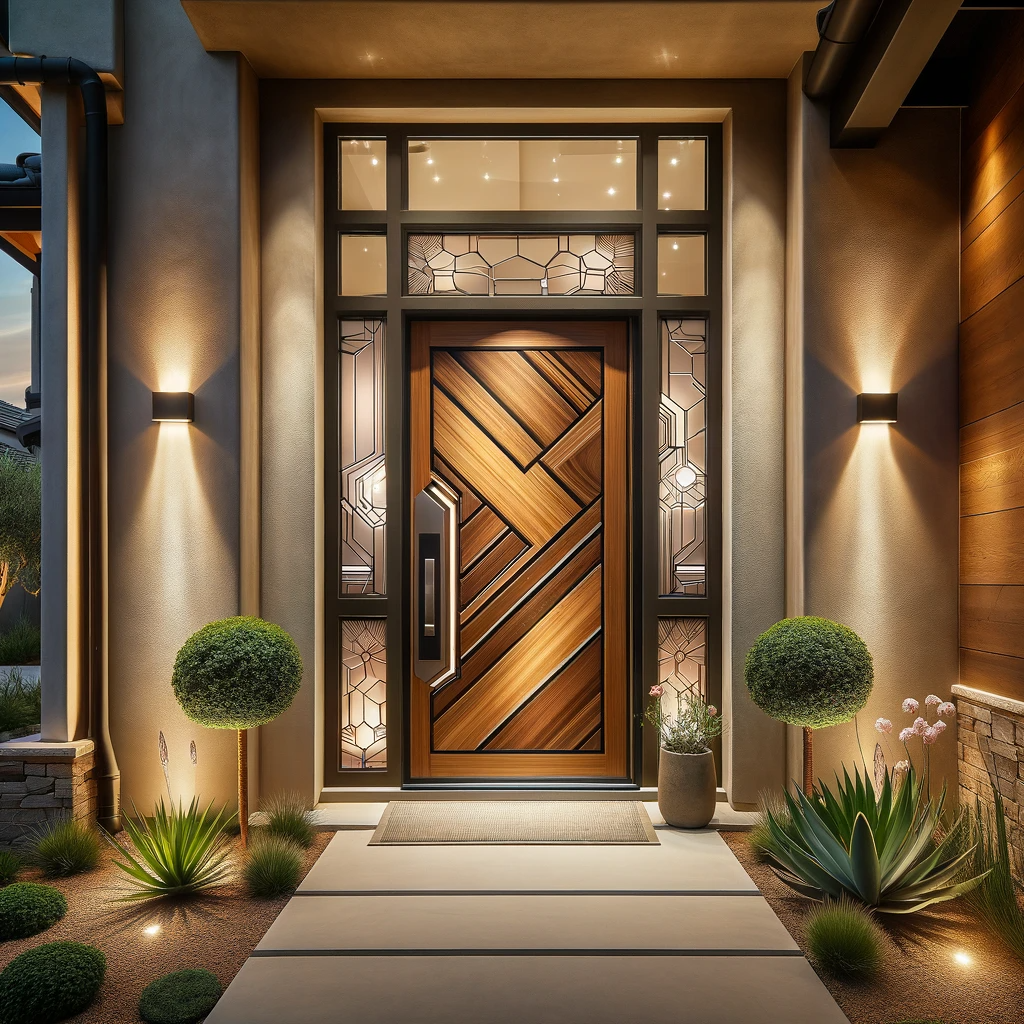 A modern front door of a San Diego home, with artistic glass panels and beautiful landscaping.