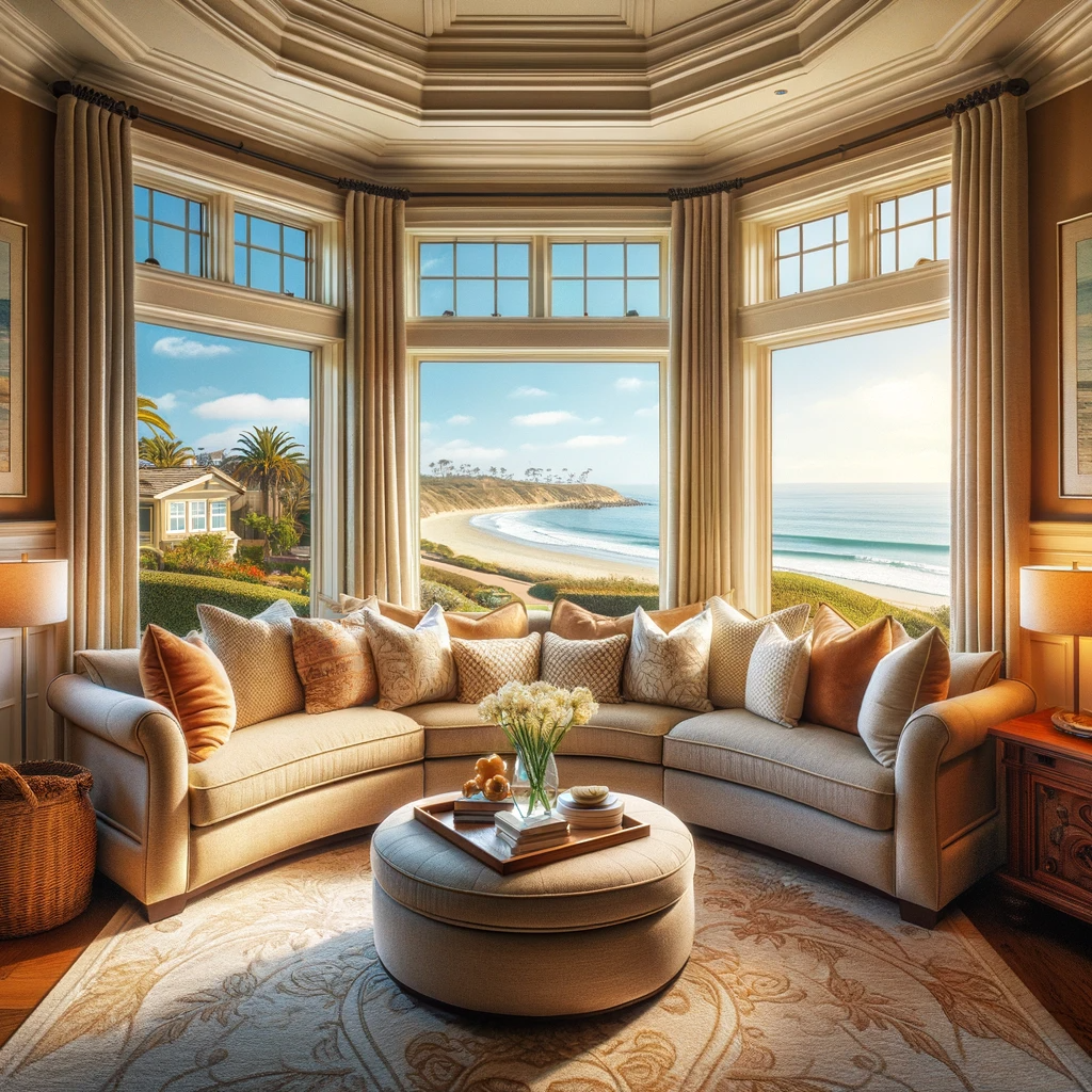 Cozy living room in a San Diego home with a large bay window offering a panoramic beach view.