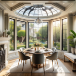 Stylish dining room in a San Diego home with an elegant bay window overlooking a lush garden.