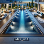 A luxurious pool adorned with a sophisticated Merlin pool liner, surrounded by stylish outdoor furniture and tasteful landscaping under ambient lighting.