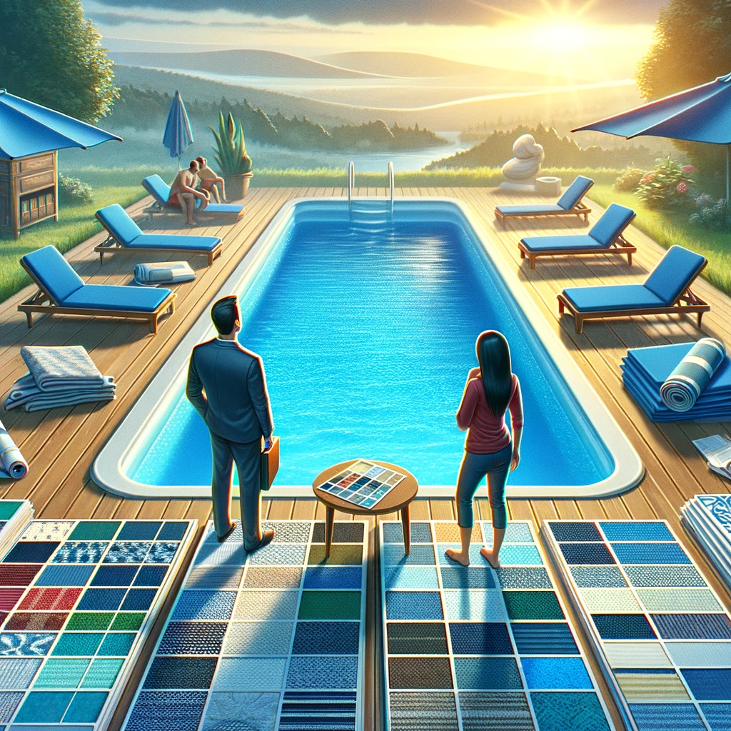 A couple or family thoughtfully examining various Merlin pool liner samples, with a beautifully lined pool in the background.