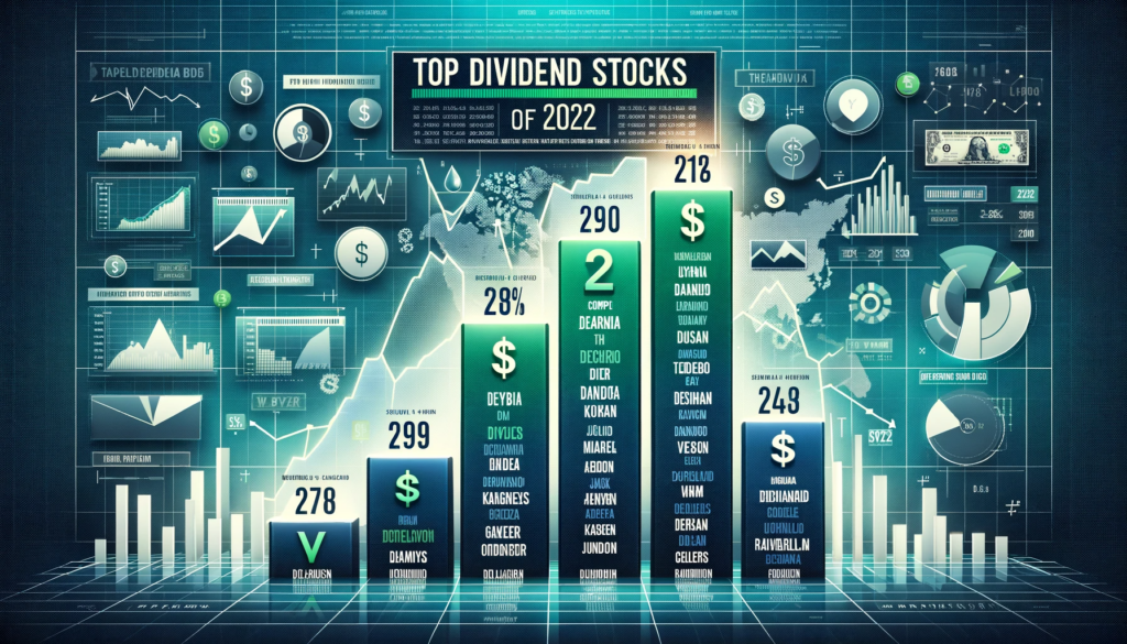 Infographic of top dividend stocks in 2022 with a bar graph showing company names and dividend yields, set against a financial-themed background with currency symbols.