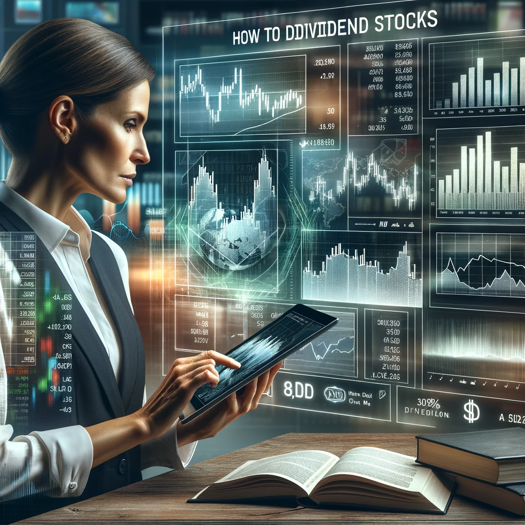 A woman analyzing a chart of dividend stocks on a tablet, surrounded by financial books and newspapers.