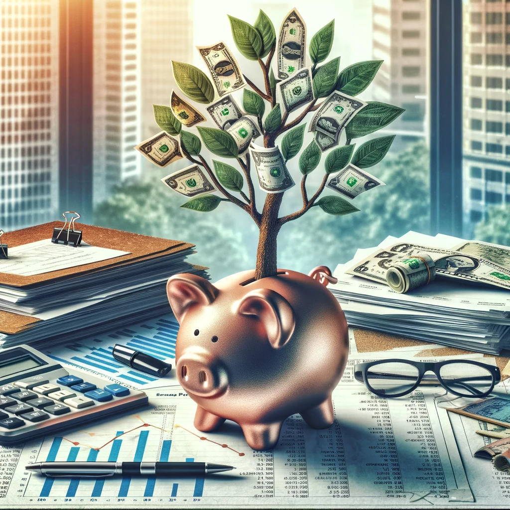 A tree with money leaves growing from a piggy bank on financial documents, symbolizing growth in Dividend Reinvestment Plans.