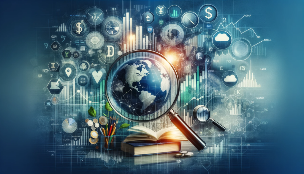  A composition featuring financial symbols, like graphs and currency symbols, blended with educational items like books and a globe.