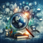 A composition featuring financial symbols, like graphs and currency symbols, blended with educational items like books and a globe.