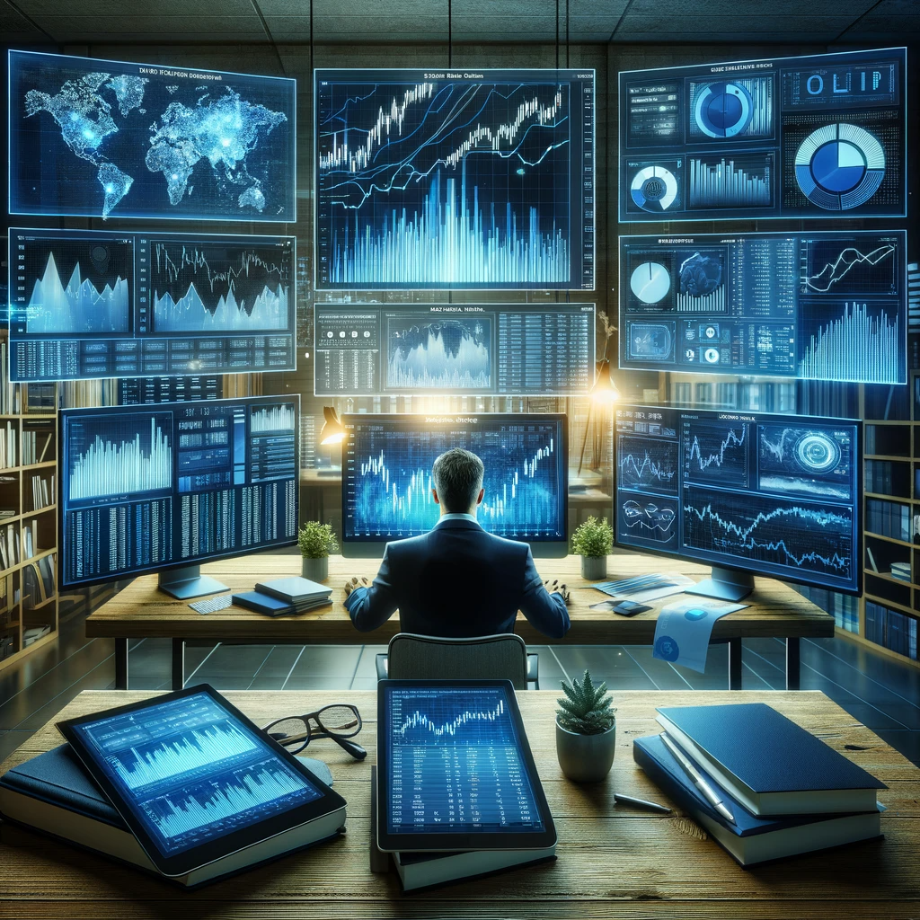 A financial analyst's workspace with screens showing blue chip stocks' performance analysis, surrounded by financial literature and a tablet with stock market data.