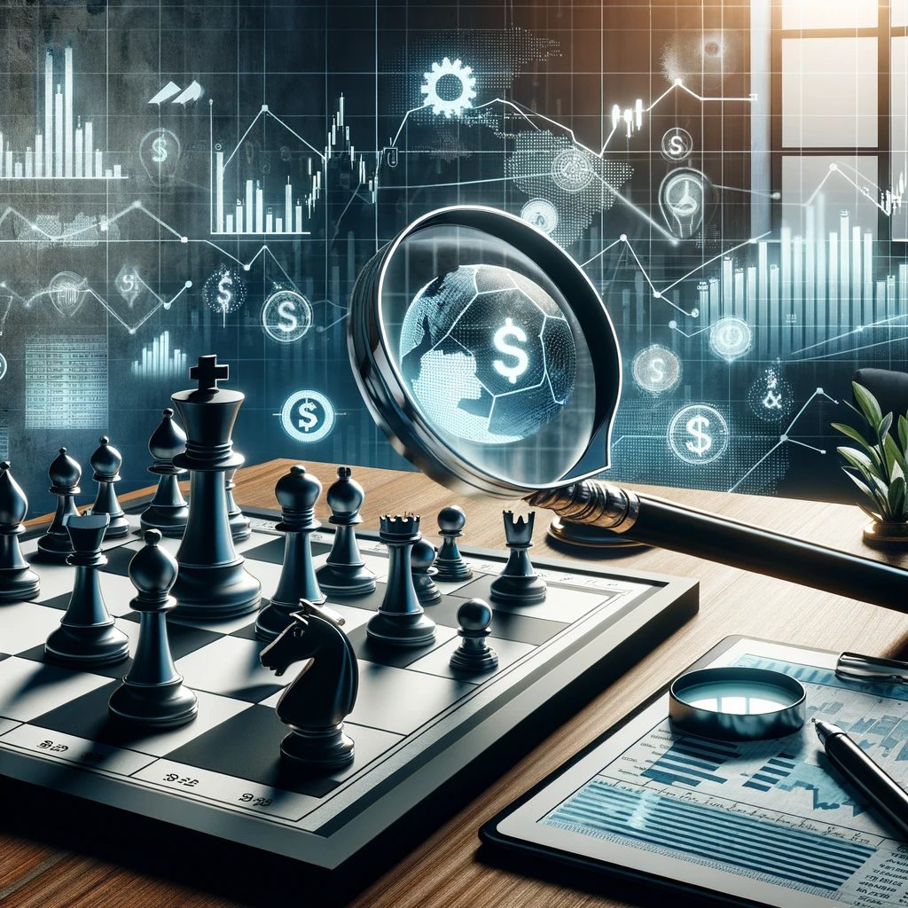 A chessboard integrated with financial symbols, highlighting the strategic complexities of investing in blue chip stocks, with a magnifying glass analyzing a key piece.