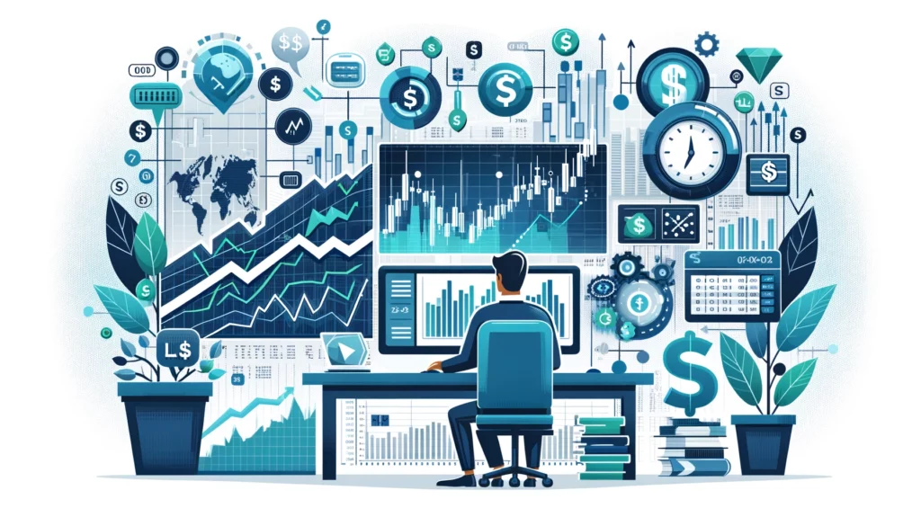 A person analyzing stock charts on a computer, surrounded by symbols of financial growth like upward graphs, dollar signs, and diverse portfolios. The background includes a stock exchange board and a cityscape, with shades of blue and green.