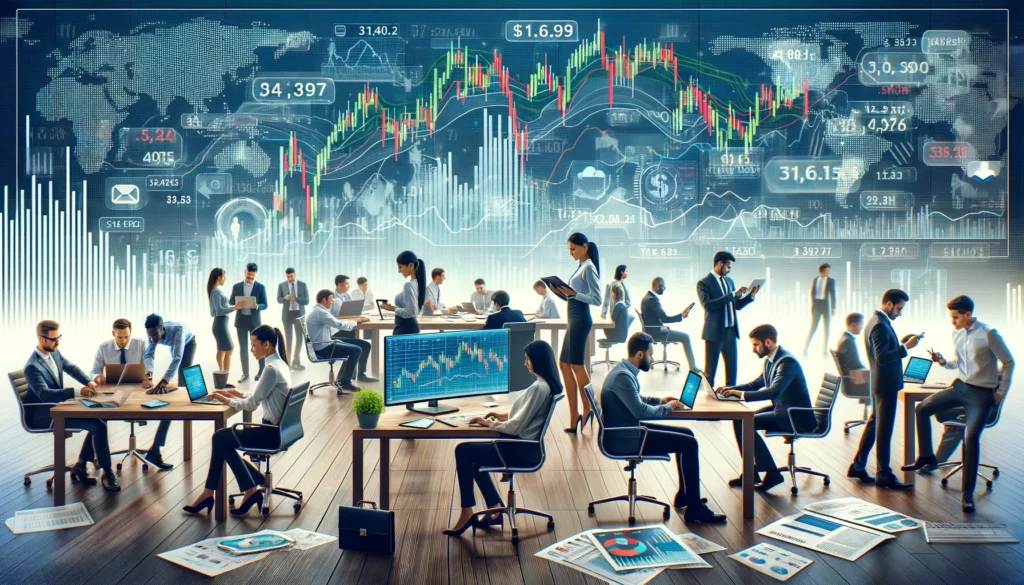A diverse group of professionals analyzing stock market data on laptops, tablets, and smartphones with charts and graphs in the background.