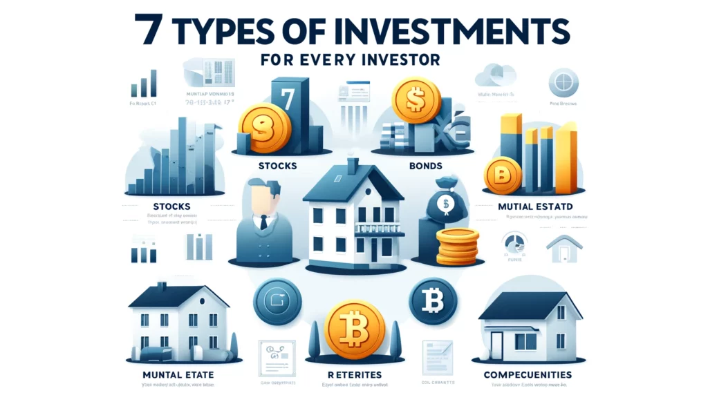 "Infographic titled '7 Types of Investments for Every Investor' featuring icons for Stocks, Bonds, Mutual Funds, Real Estate, ETFs, Commodities, and Cryptocurrencies in a clean, modern design."
