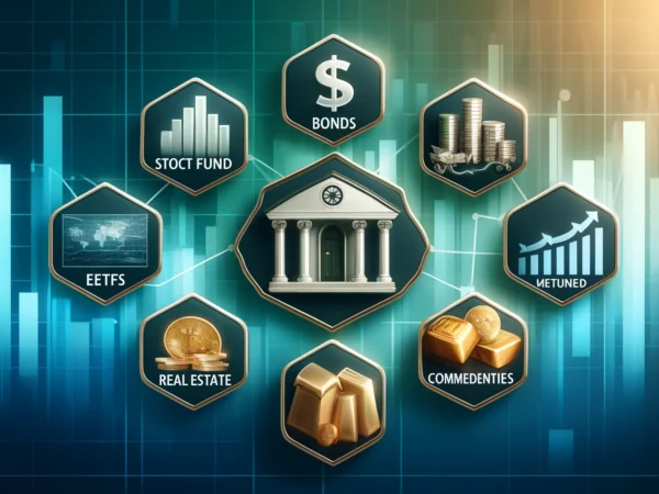 "A diverse investment portfolio layout featuring symbols for stocks, bonds, mutual funds, ETFs, real estate, commodities, and cryptocurrencies on a modern blue and green background."
