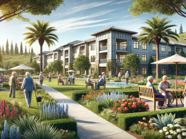 Assisted living facility in San Diego County with gardens and socializing seniors.