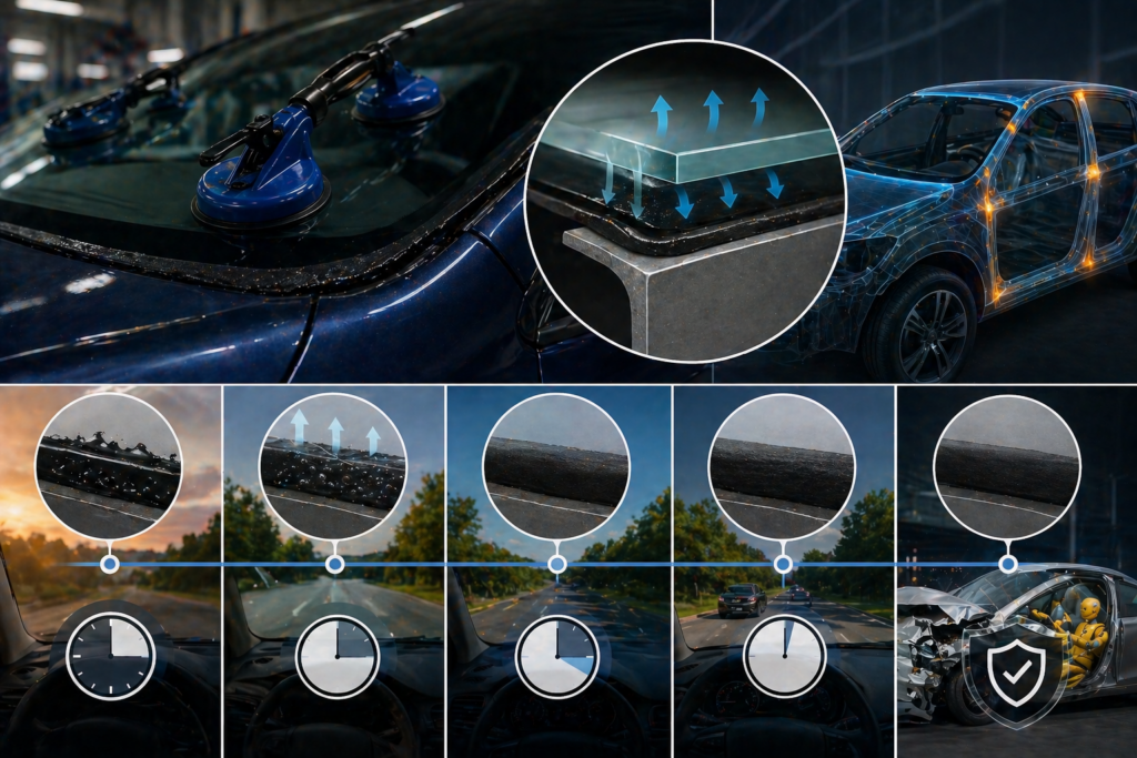 Windshield adhesive curing and safety process